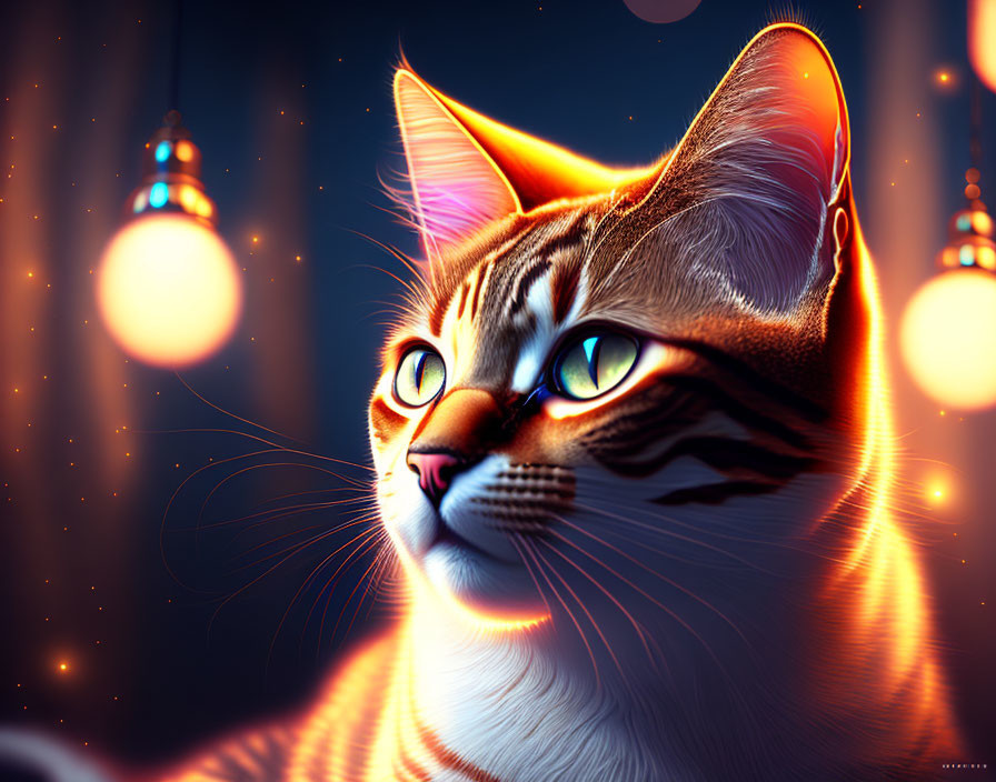 Detailed Cat Illustration with Glowing Green Eyes on Blue Lights Backdrop