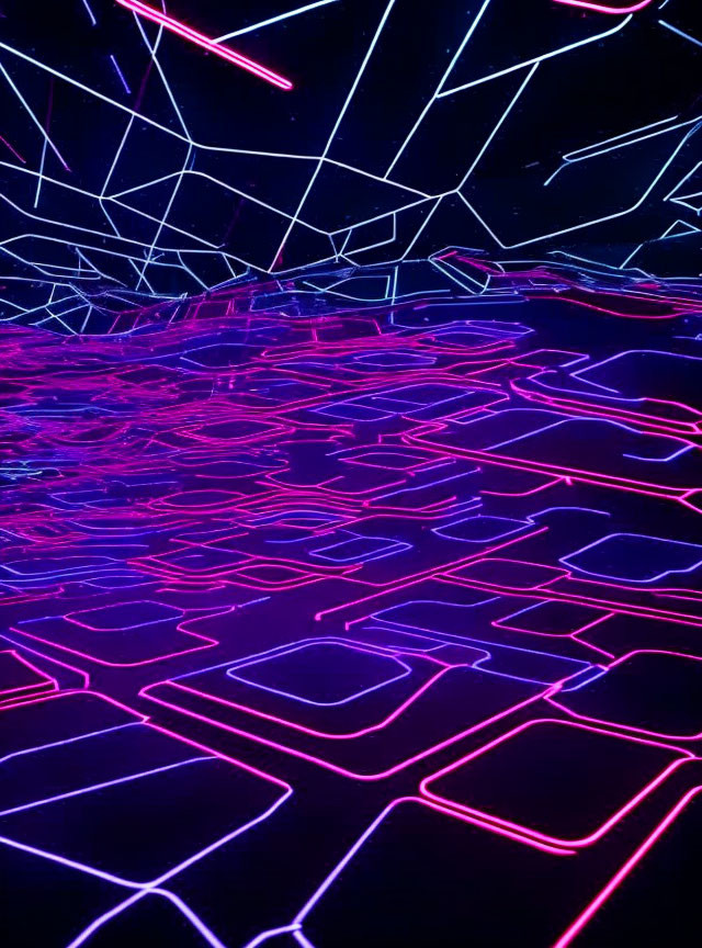 Neon Grid Art: Purple and Blue Lines on Dark Background