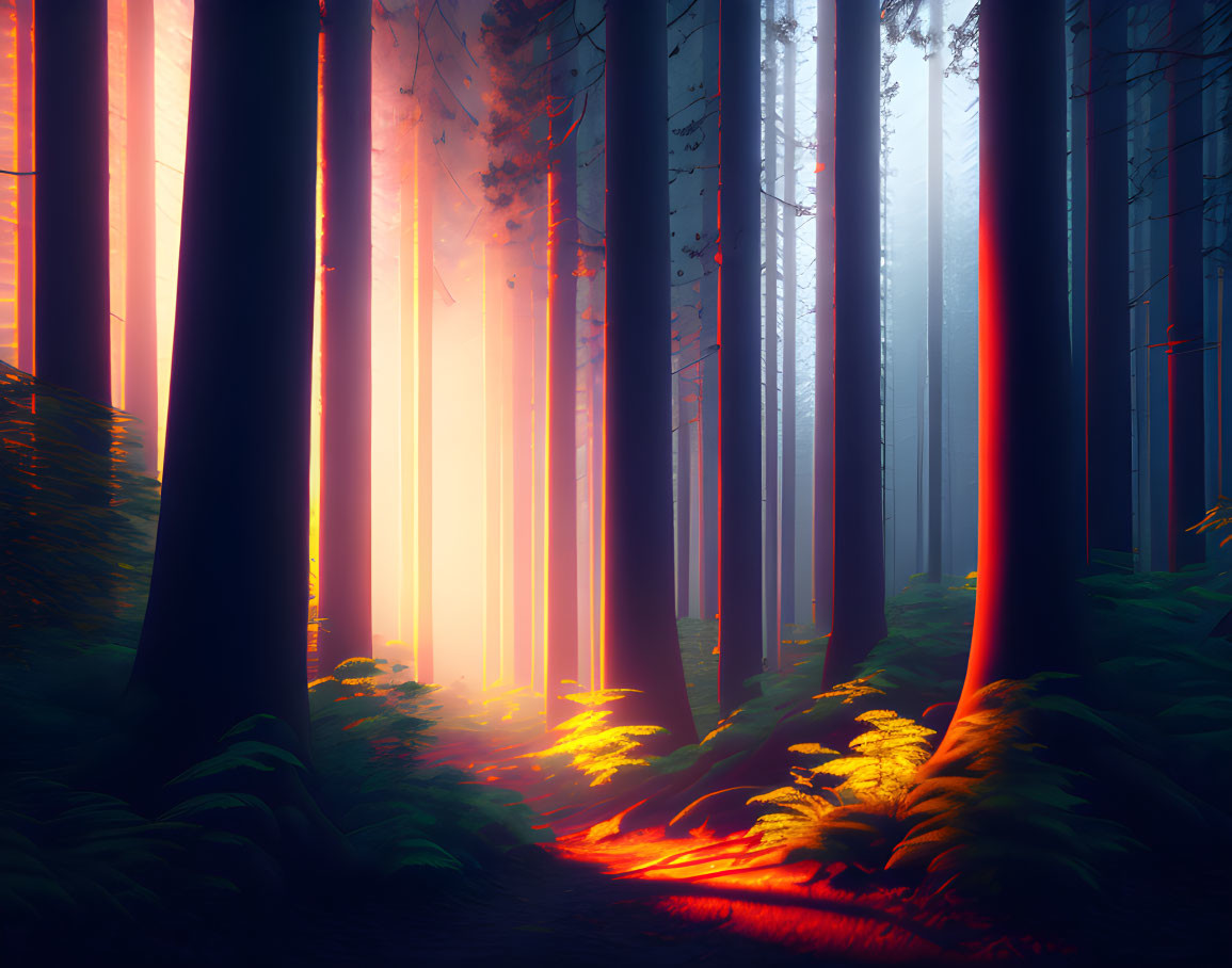 Vibrant red and blue mystical forest with tall trees and sunbeams.