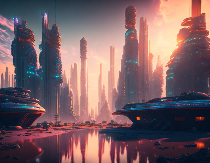 Futuristic sunset cityscape with skyscrapers and spacecraft.