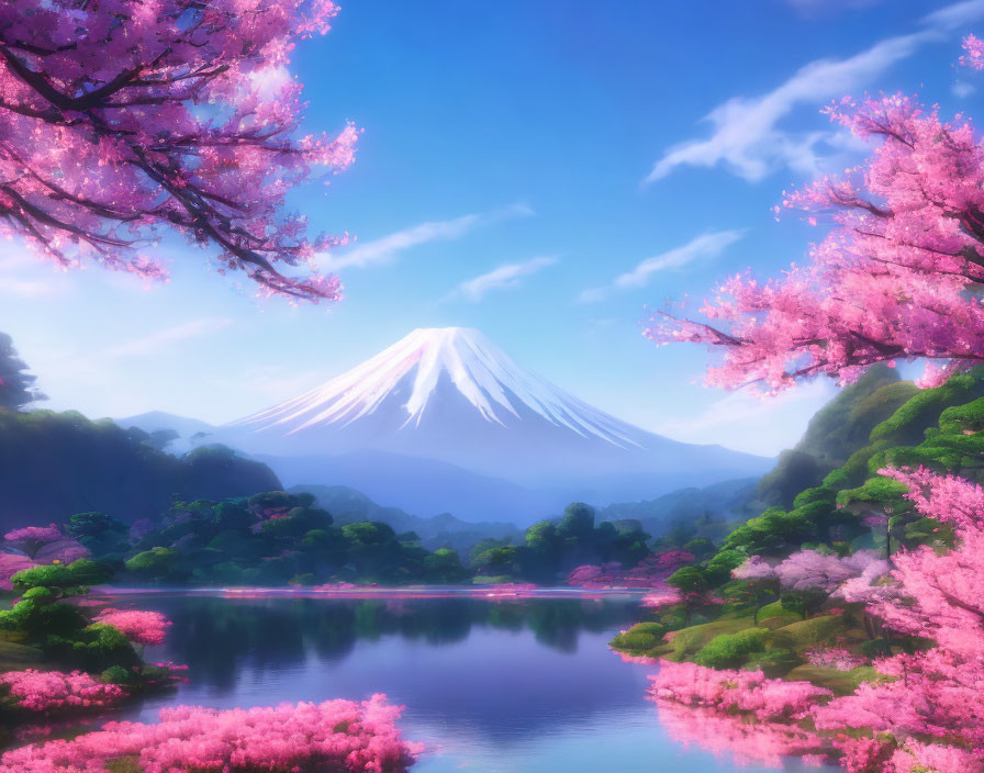 Serene landscape: Cherry blossoms, lake, Mount Fuji, blue sky