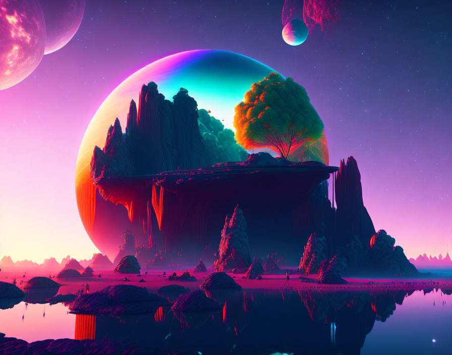 Colorful sci-fi landscape with large planet, surreal rock formations, luminous tree, reflective water,