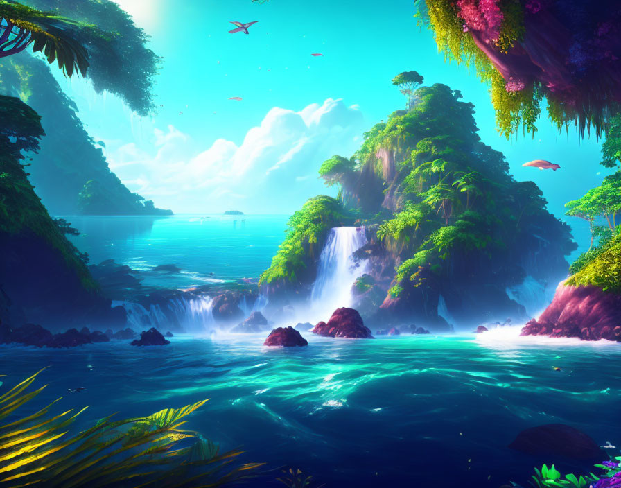 Tranquil Tropical Cove with Waterfalls and Blue Waters