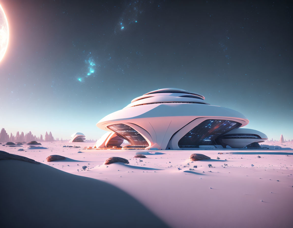 Futuristic domed structures on snowy landscape under moonlit sky