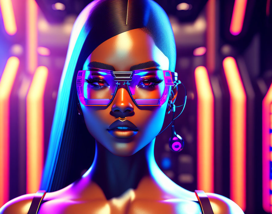 Futuristic woman with neon-lit cyberpunk vibe