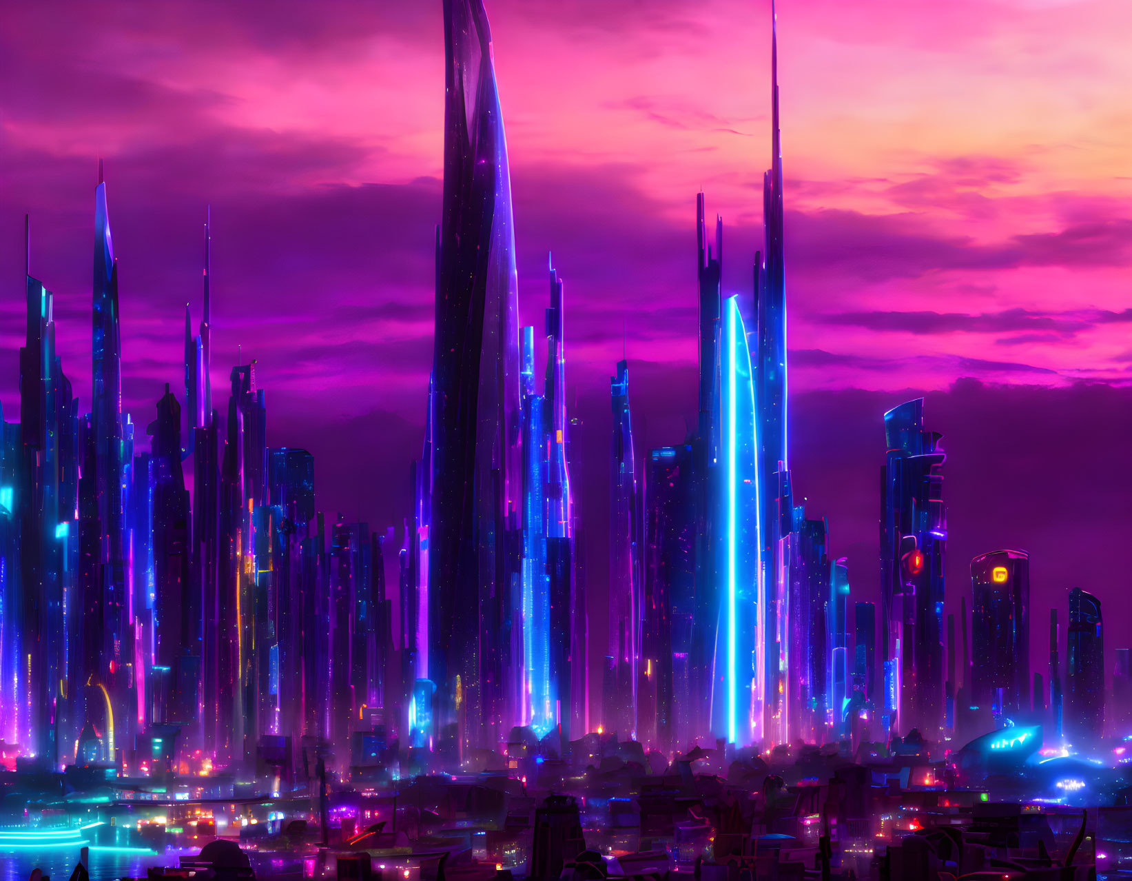 Futuristic city skyline at dusk with neon-lit skyscrapers under pink and purple sky