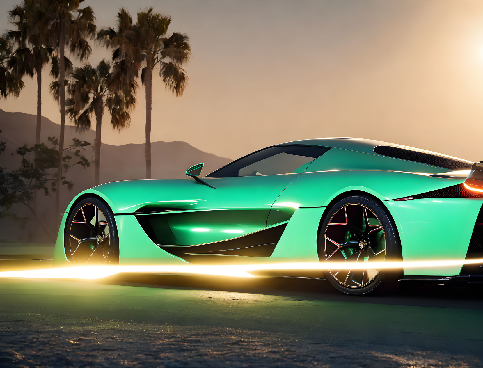 Futuristic green sports car at sunset with palm trees