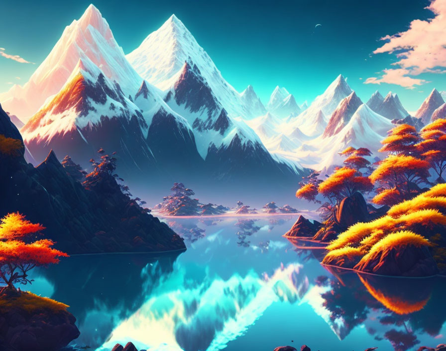 Vibrant digital artwork: serene mountain landscape, mirror-like lake, fiery foliage, dusk sky,