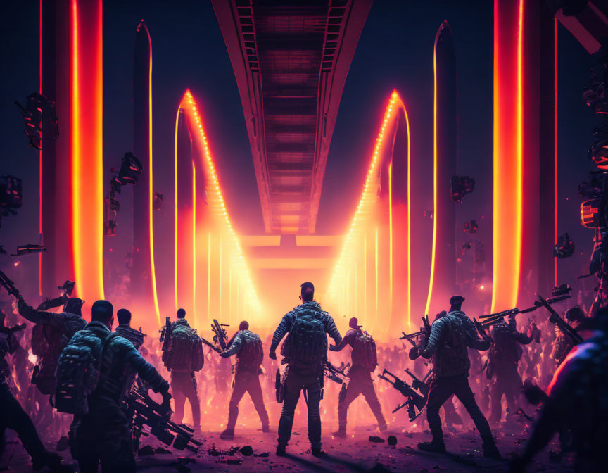 Futuristic battle scene with armed soldiers and towering beams.