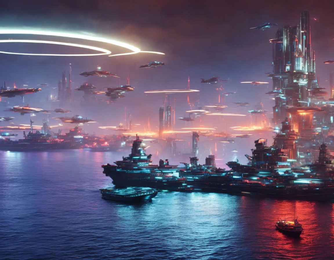 Futuristic cityscape at night with neon lights and flying vehicles