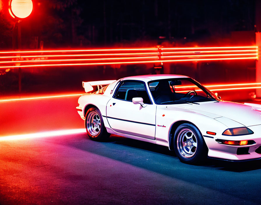 Sleek white sports car with pop-up headlights in night setting