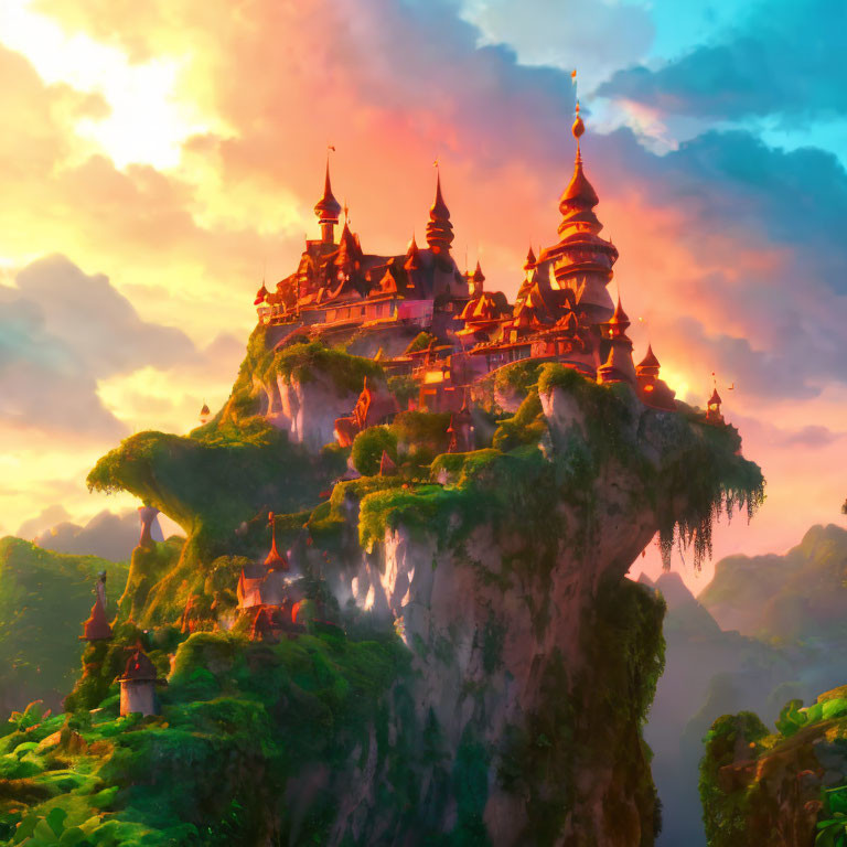 Fantastical castle on floating island at sunset