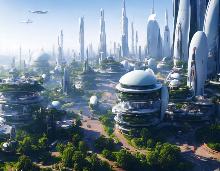 Futuristic cityscape with greenery, skyscrapers, and flying vehicles