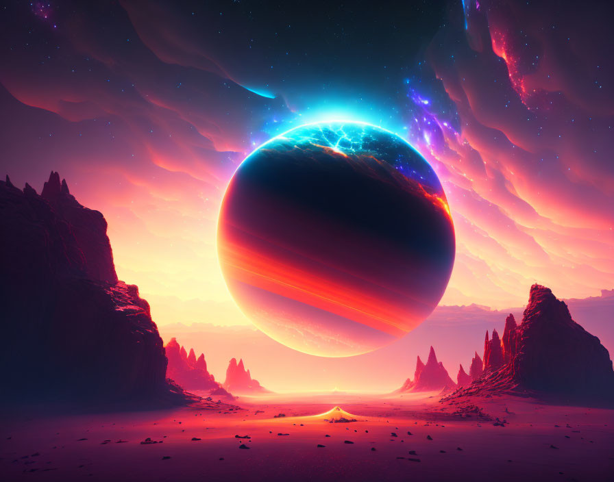 Surreal landscape with glowing planet and alien rock formations