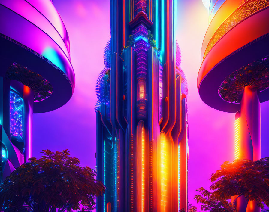 Futuristic neon-lit cityscape with skyscrapers under purple and pink sky