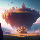 Fantasy landscape: Floating mountain with pagodas under golden sky