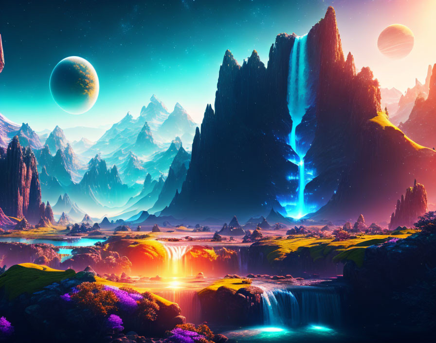 Vibrant sci-fi landscape: towering mountains, waterfall, luminous flora