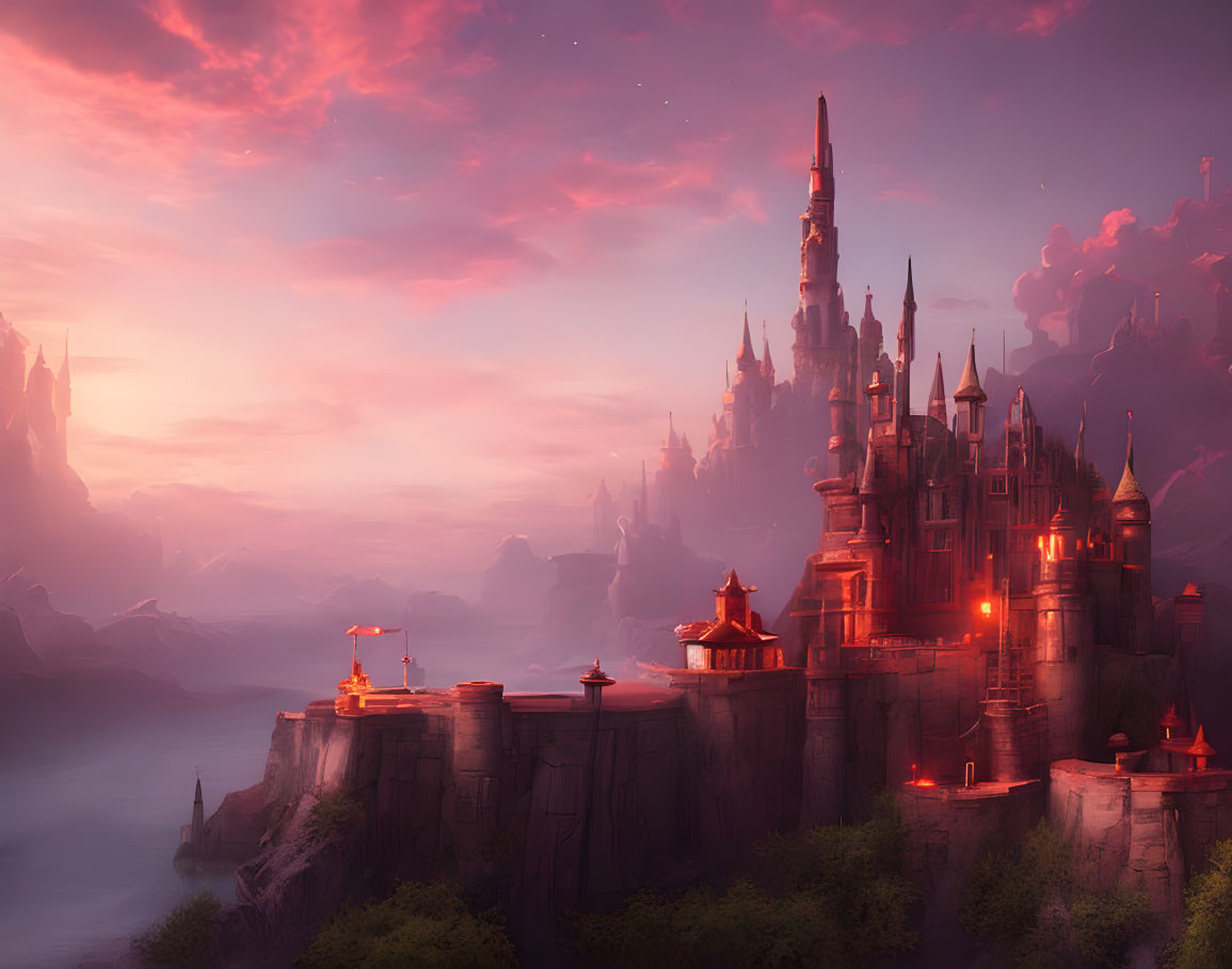 Majestic castle with glowing lights on cliff at twilight