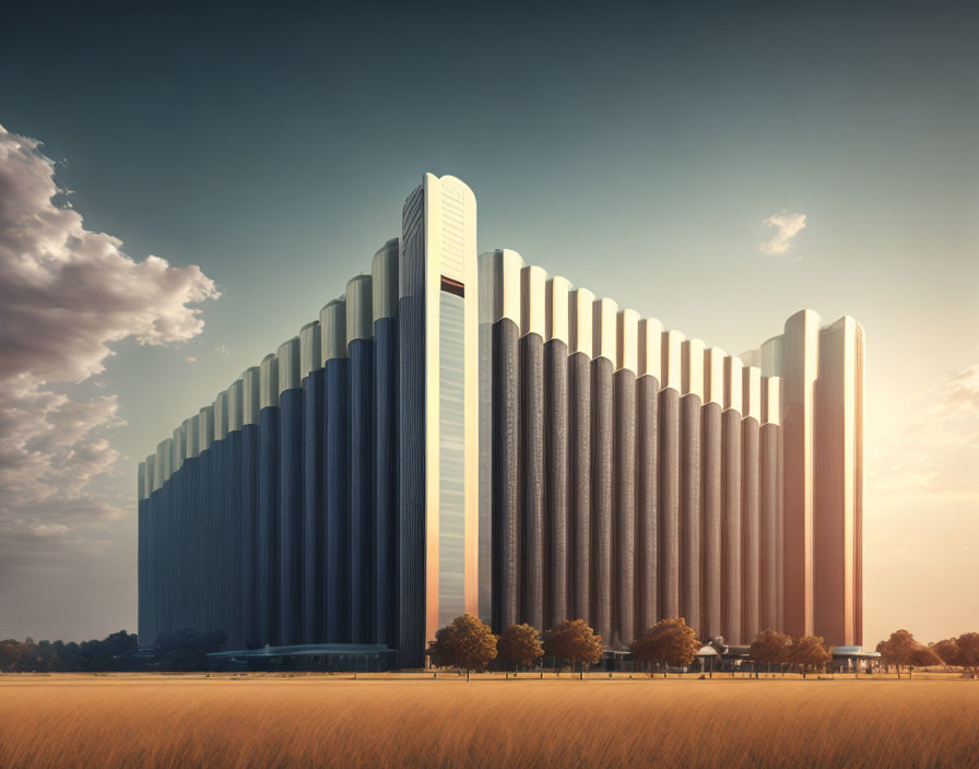 Tall building with vertical fins in golden sunlight against cloudy sky