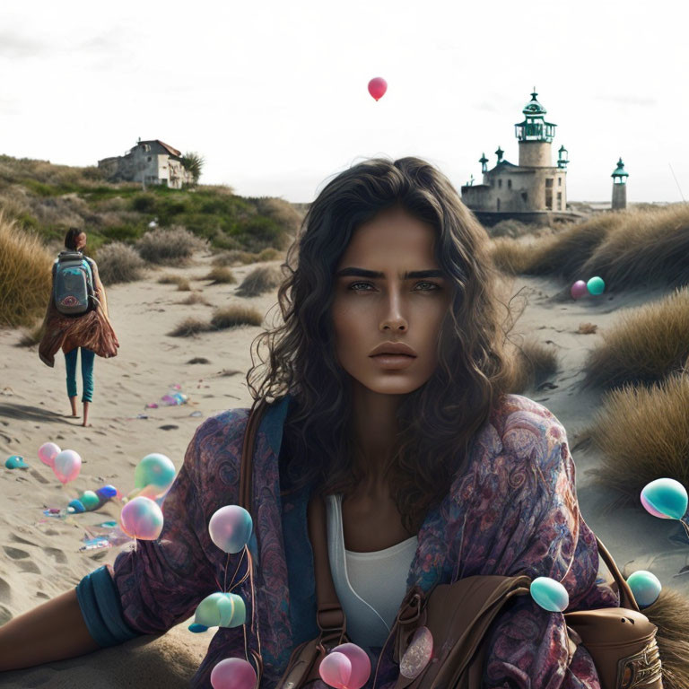 Woman with intense gaze on beach with colorful balloons and lighthouse.