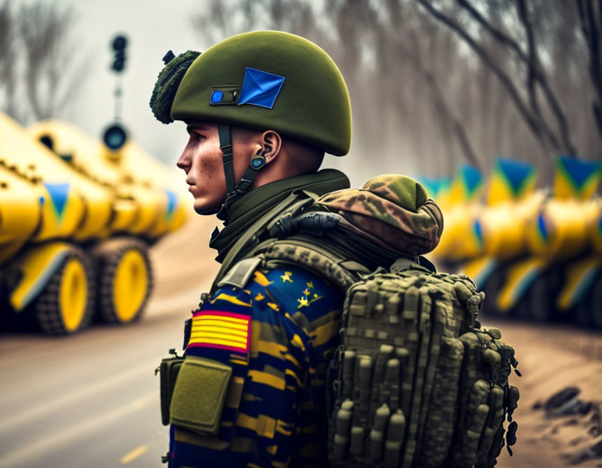 Profile of soldier in green beret and camouflage uniform standing by tanks