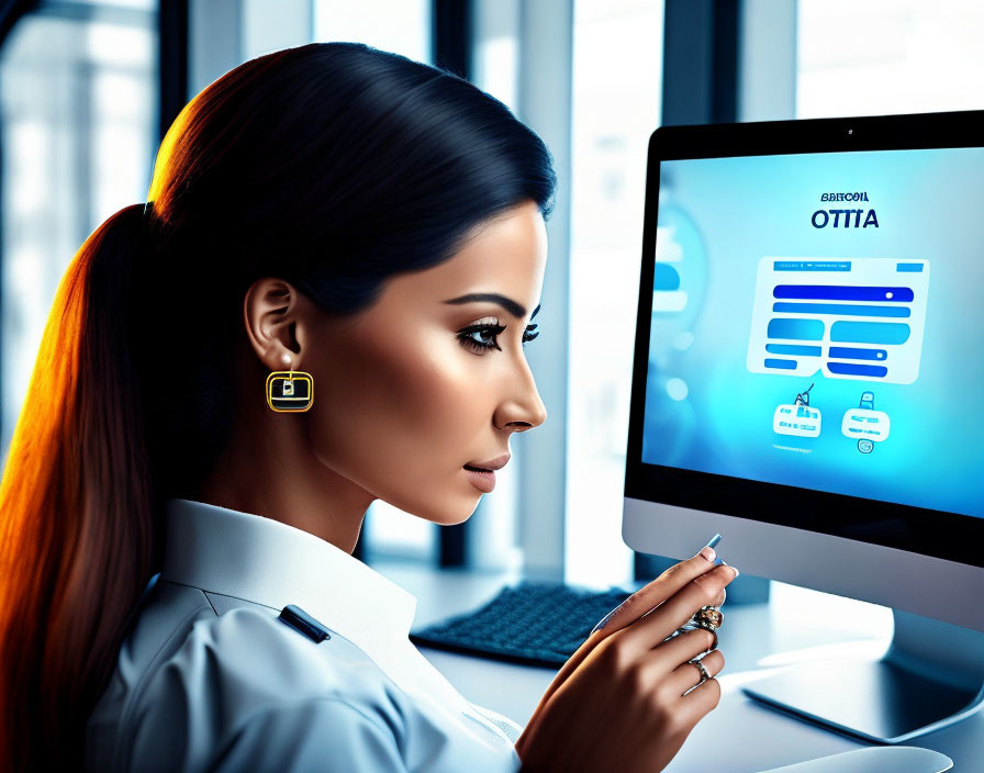 Dark-haired professional woman in modern office looking at computer screen