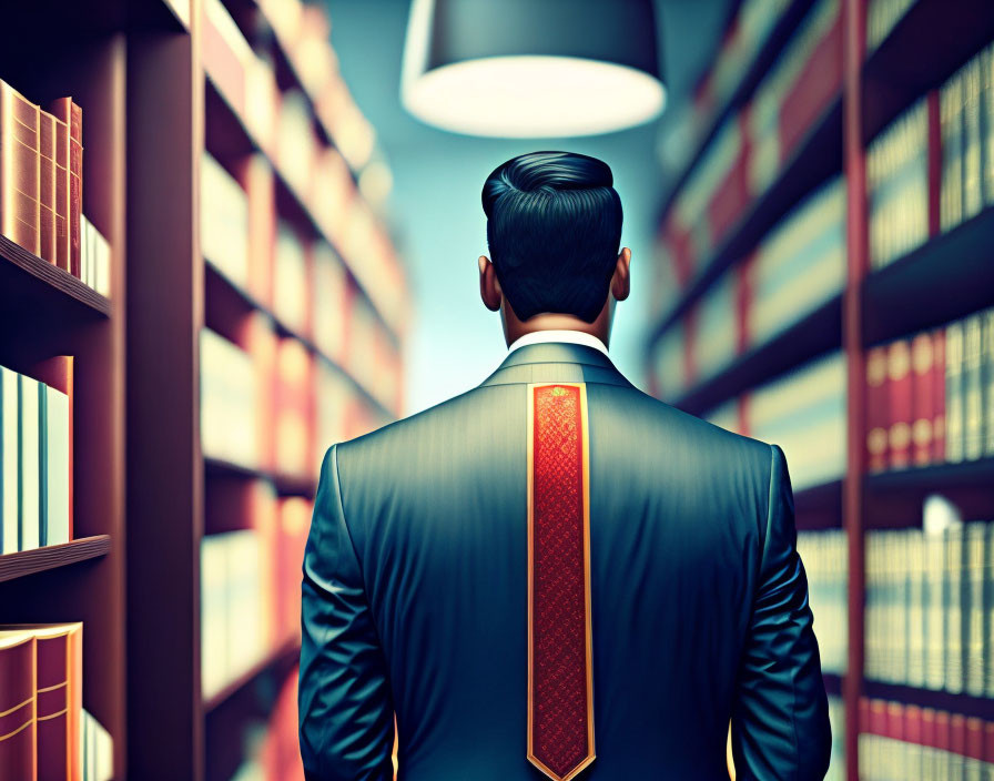 Man in suit standing in front of library shelves under hanging lamp