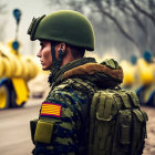 Profile of soldier in green beret and camouflage uniform standing by tanks