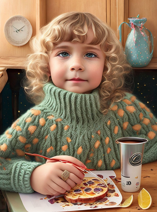 Curly Blonde-Haired Child Drawing with Red Crayon in Green Sweater