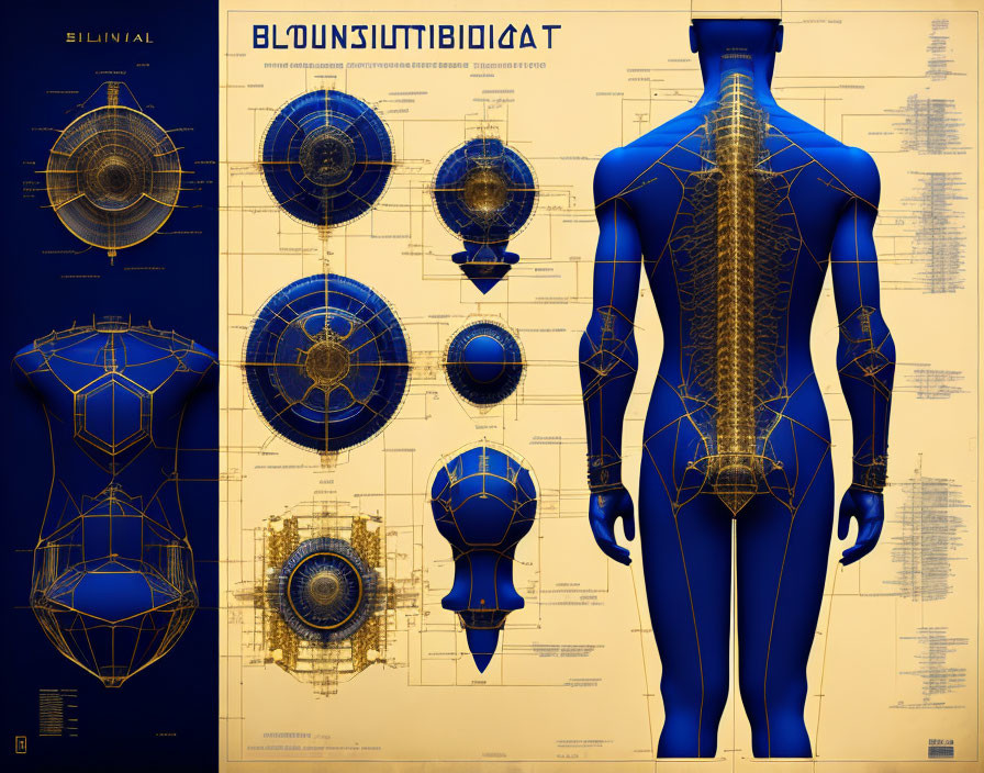 Futuristic blueprint design overlaid on human silhouette