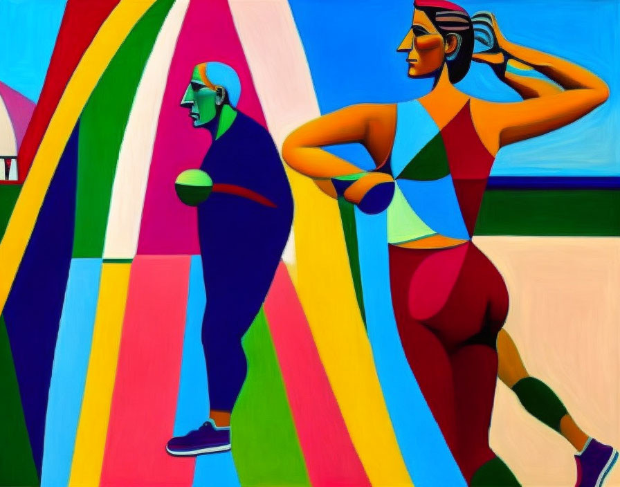 Colorful abstract painting with stylized figures and geometric shapes