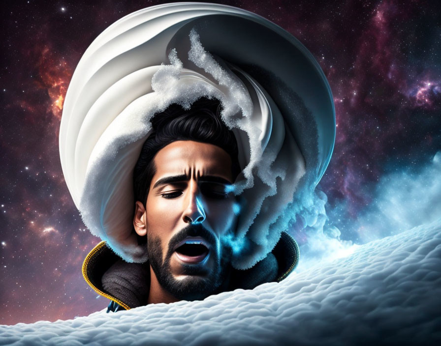 Surreal portrait of a man with cosmic background and swirling water wave