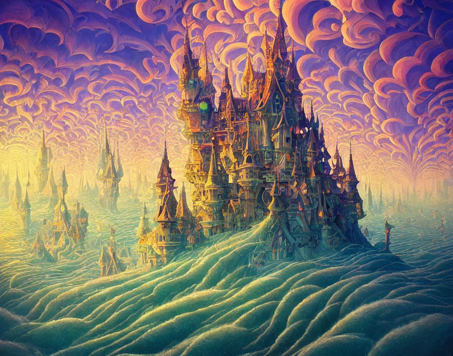 Detailed Castle in Fantastical Landscape with Swirling Clouds