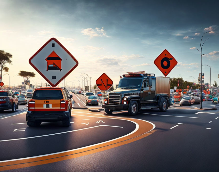 Digitally manipulated image of oversized traffic signs above a busy highway