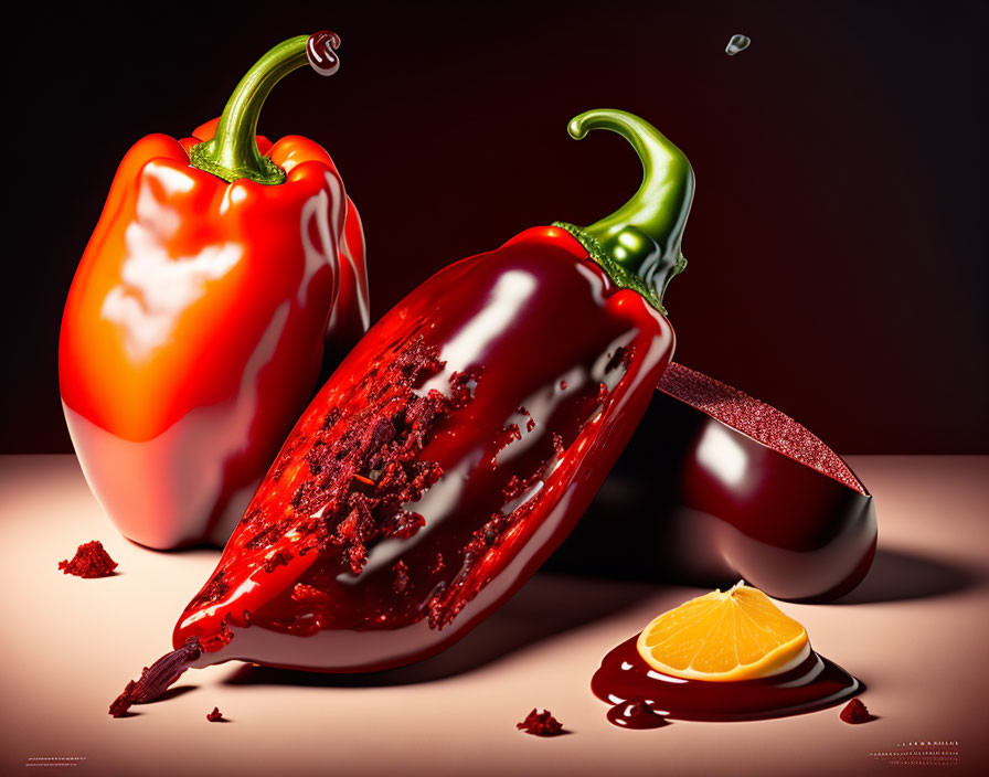 Colorful digital artwork featuring red bell pepper, sliced chili with chocolate, citrus wedge, and bitten chocolate