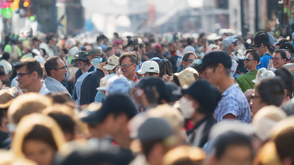 Diverse individuals in hats and sunglasses on crowded street