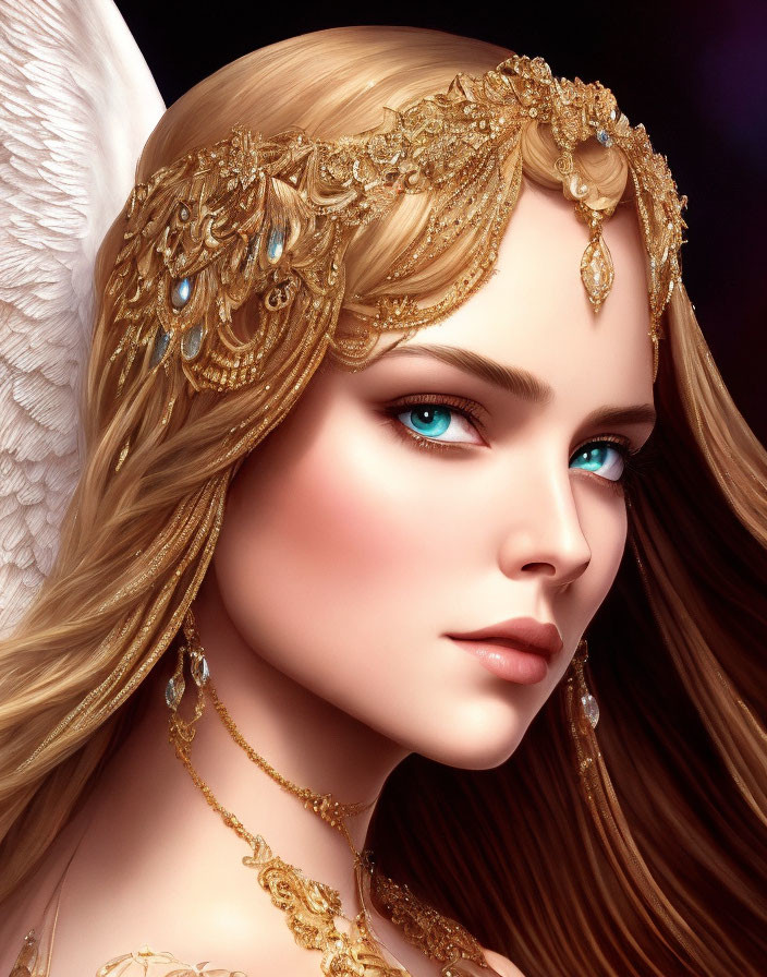 Woman portrait with golden head jewelry, blue eyes, and white angelic wings.