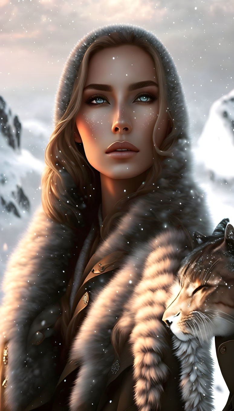 Digital artwork of woman with fur hood holding lynx in snowy mountain.