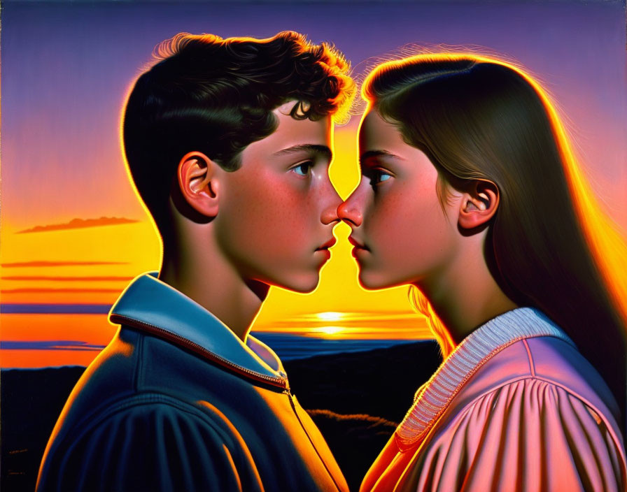 Young couple in profile touching noses at sunset.