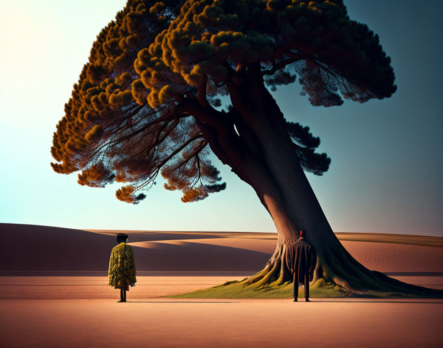 Person standing under large tree with green foliage against sand dunes and clear sky