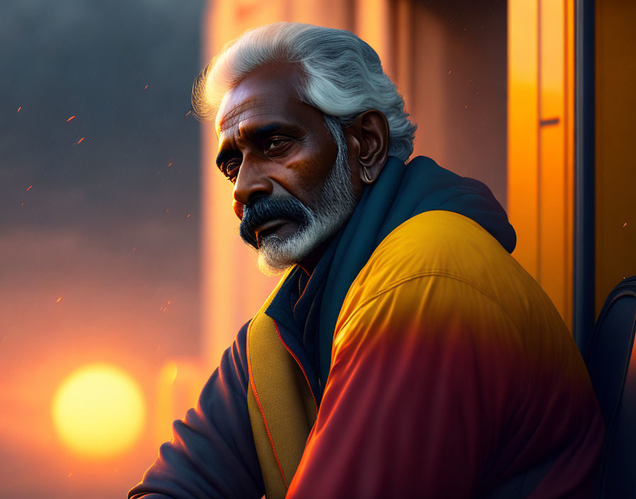 Elderly man with white hair and beard in yellow and blue jacket at sunset