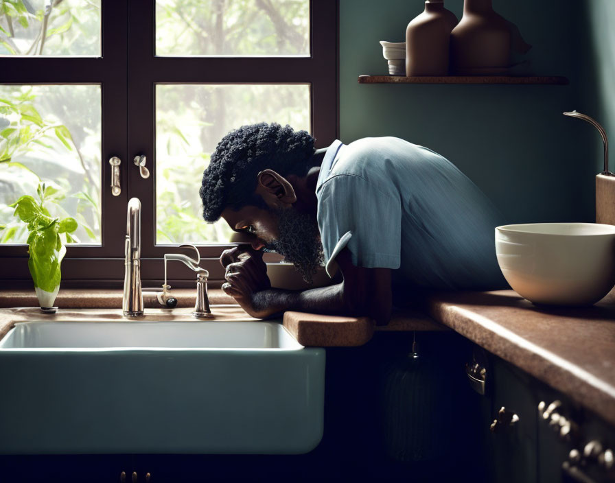 Man Leaning on Kitchen Counter by Window with Greenery and Soft Light