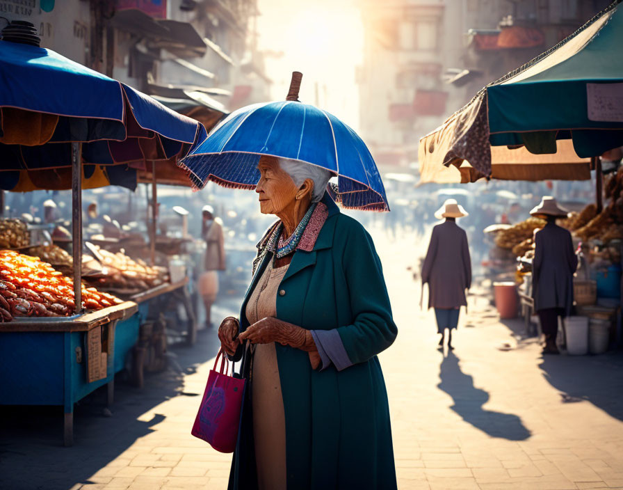 Elderly woman in sunhat at bustling market street