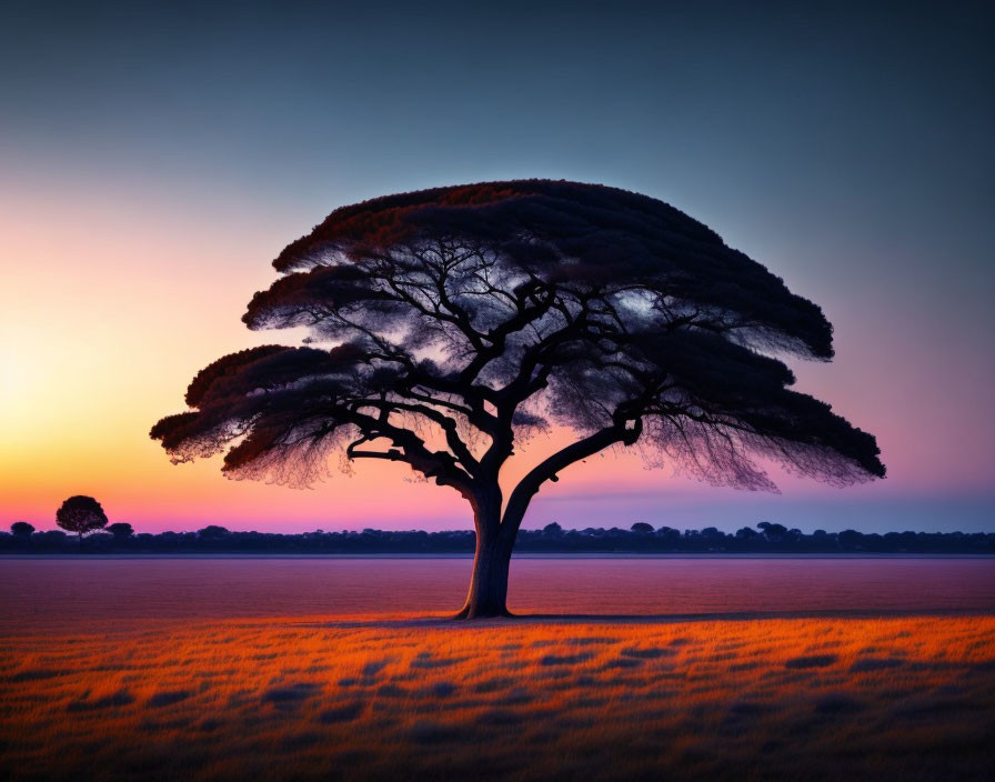 Solitary tree in twilight-lit savanna under vibrant purple sky