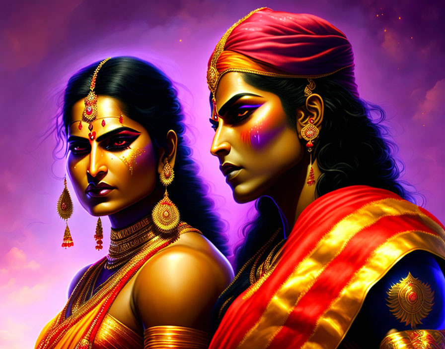 Colorful Indian couple in traditional attire on purple background