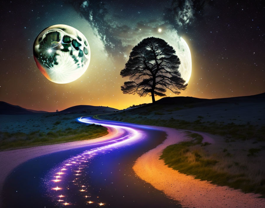 Surreal night landscape with glowing blue road, lone tree, and fantastical planets