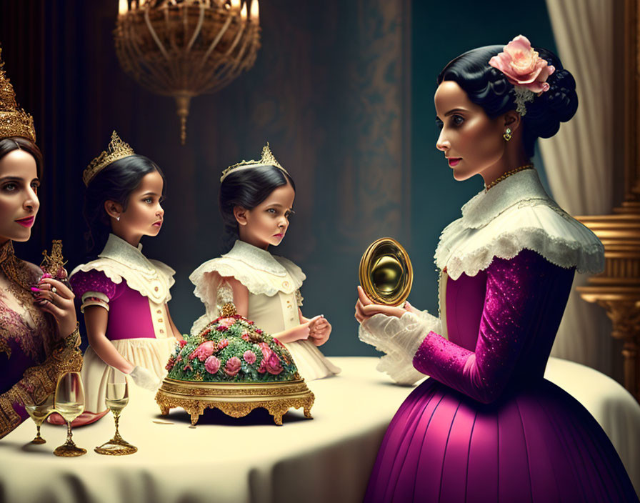 Women in purple and white dresses with crowns admire mirror on elegant table.