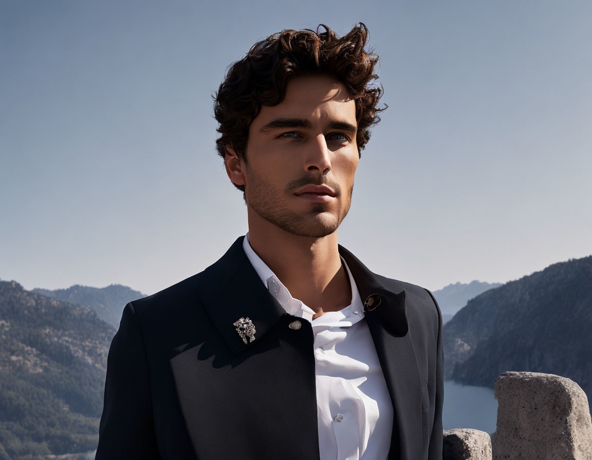 Curly-Haired Man in Black Suit Outdoors with Mountain Background