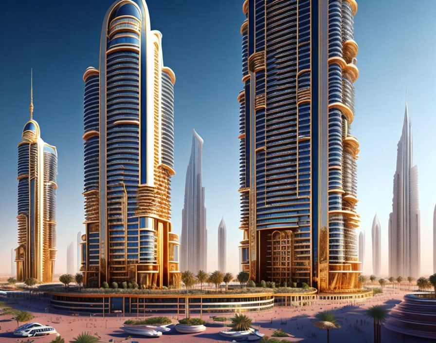 Modern cityscape with futuristic skyscrapers under clear blue sky