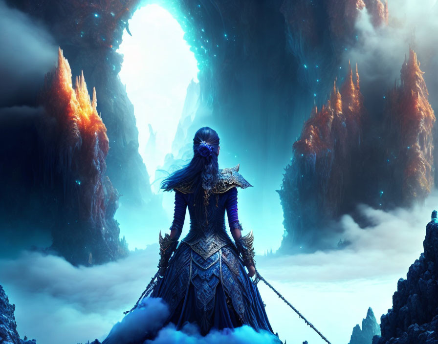 Cloaked figure at icy cave entrance with glowing portal and chain.